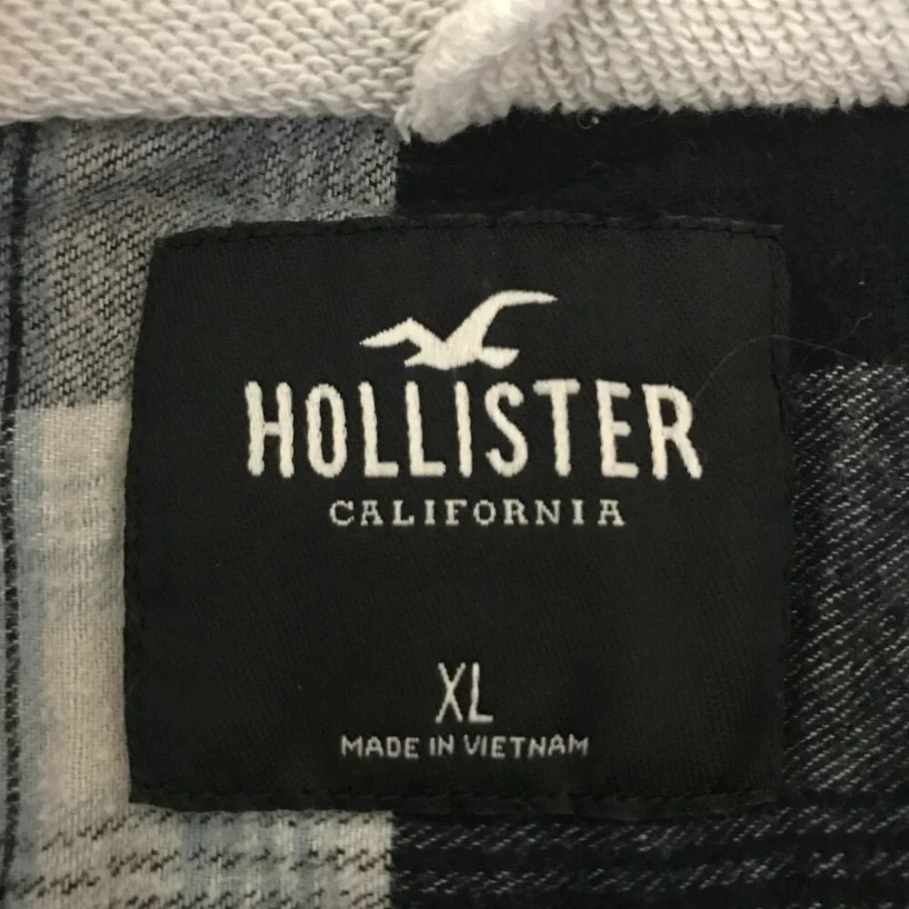 Hollister Men's XL Black Plaid Long Sleeve Button Up Hoodie Flannel Shirt - Picture 9 of 11